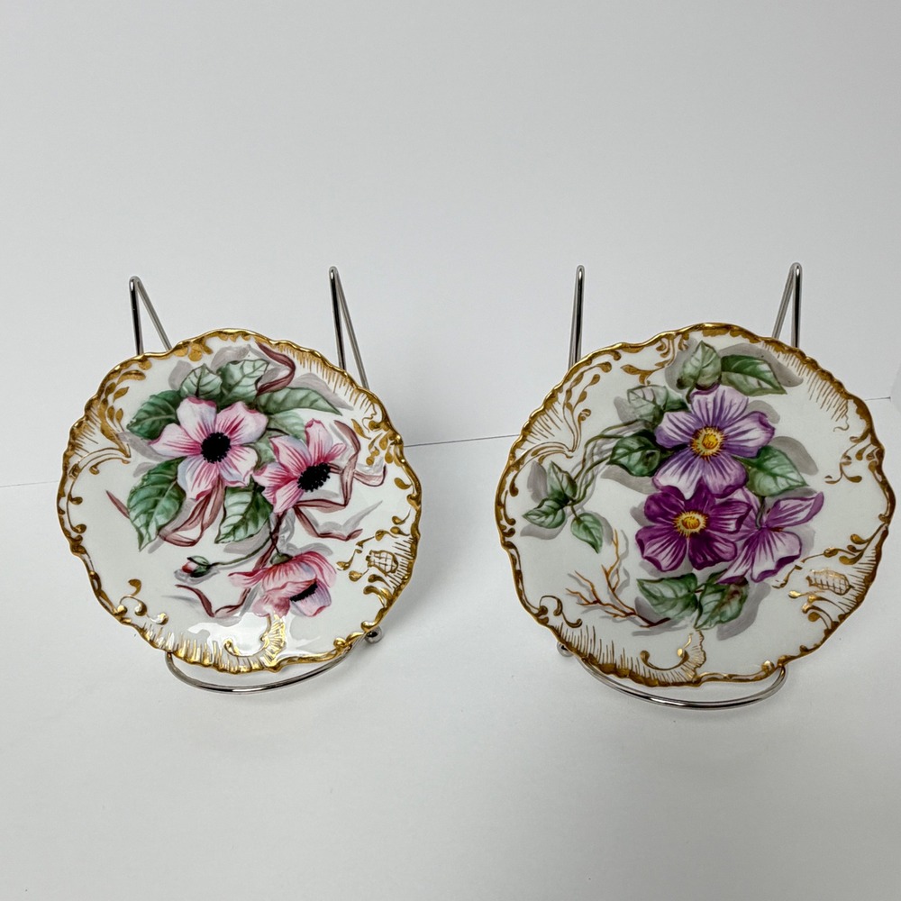 Antique T&V Limoges France Floral Bread Butter Plates Set of 2 Gold Gilt